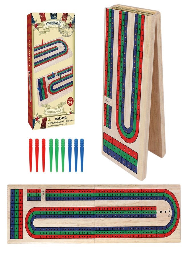 GOTHINK Folding Cribbage Board Game Set, Classic Wooden Cribbage Boards Game for Family Fun, 9 Multi-Colored Pegs, 3 Tracks, Red Green Blue Pegs for 2-3 Players - Image 1